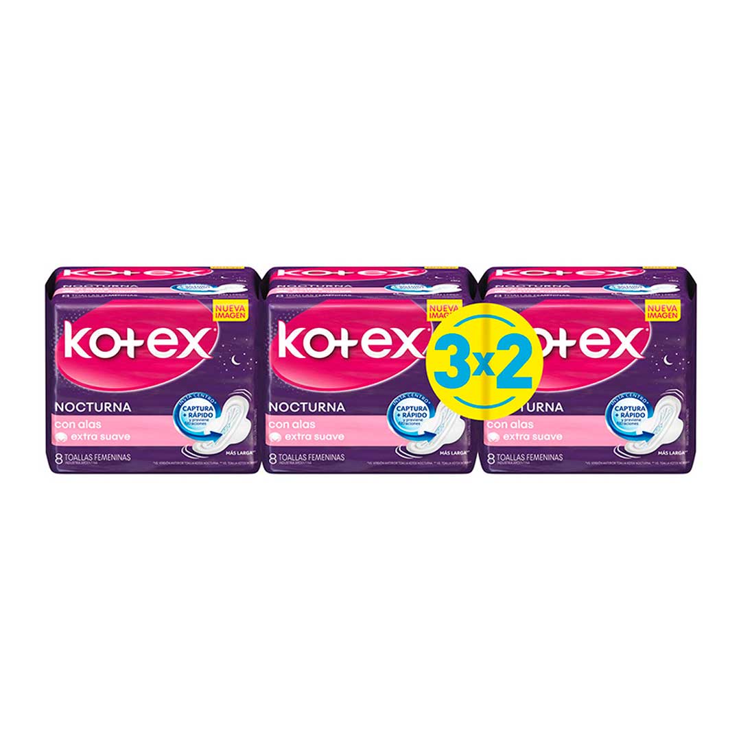 TOALLA FEMENINA KOTEX NOCTURNA X8 UN. PACK 3X2