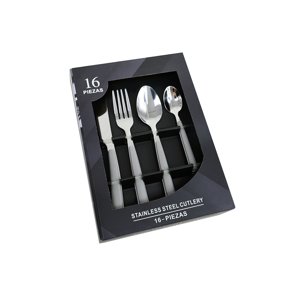 CUBIERTOS 16PZ EN CAJA MANGO GRIS LH-3751