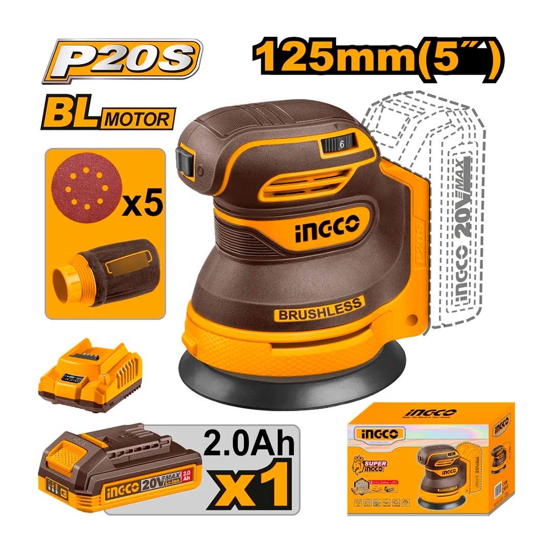 LIJADORA ROTO ORBITAL INGCO 20V +BAT CROSLI20021