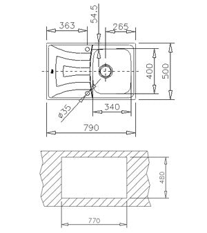UNIVERSO 79 1C 1E Fregadero encastrado y reversible de una cubeta en 45 cm