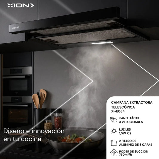 campana extractora telescopica full black/glass