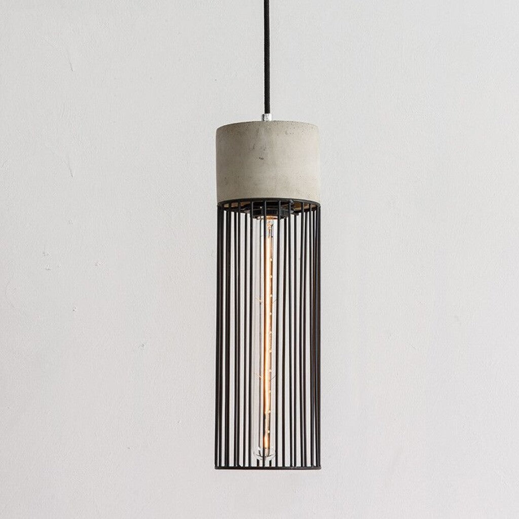 Colgante Jaula negra y cemento natural Cilindrica 12*30cm
