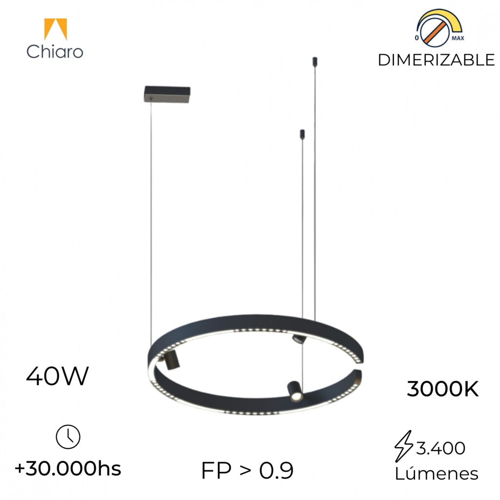 Colgante Led circular anillo suspendido y spots 40W Dimerizable