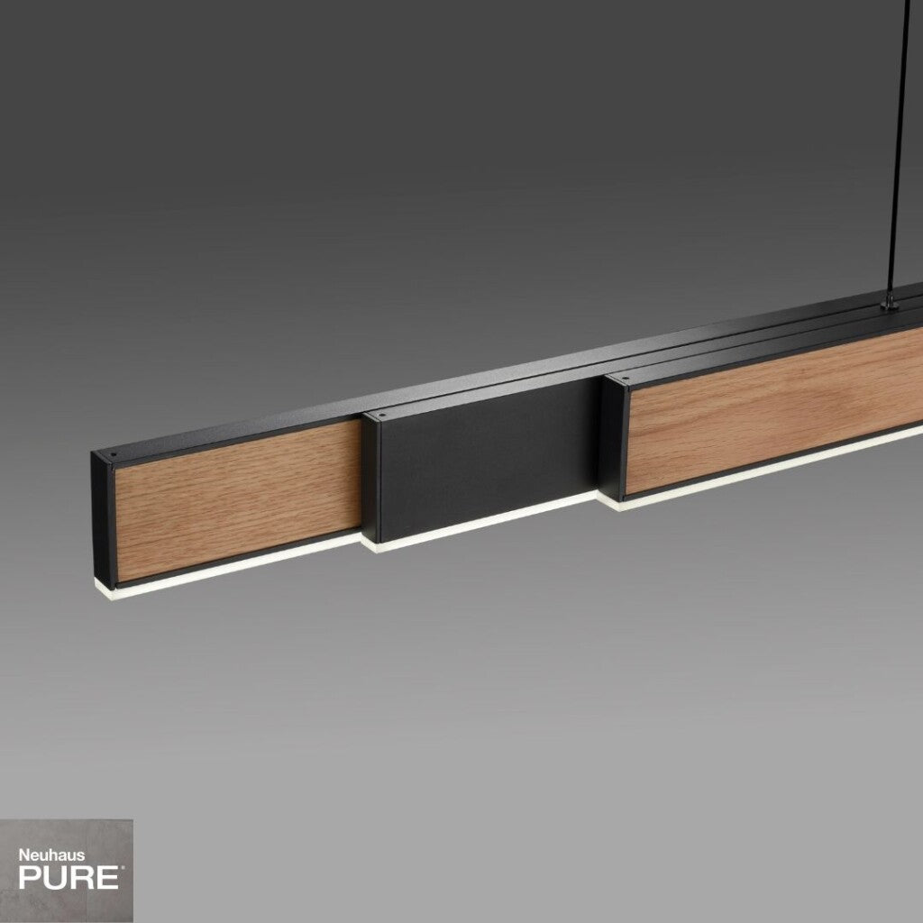 Colgante led lineal motorizado con varias funciones, negro y simil madera