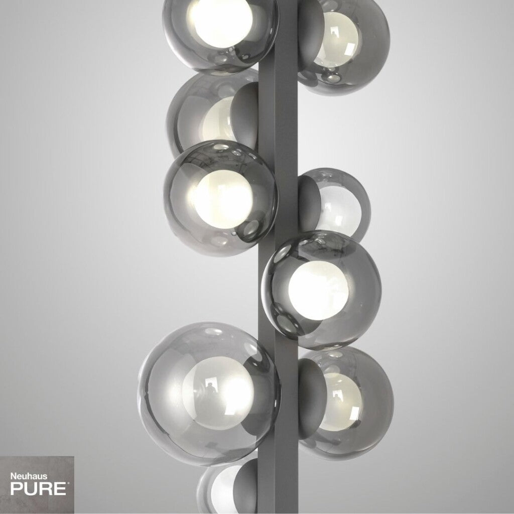 Lampara de pie Esferas vidrio ahumado 29W -160cm dimerizable, 3 colores de luz