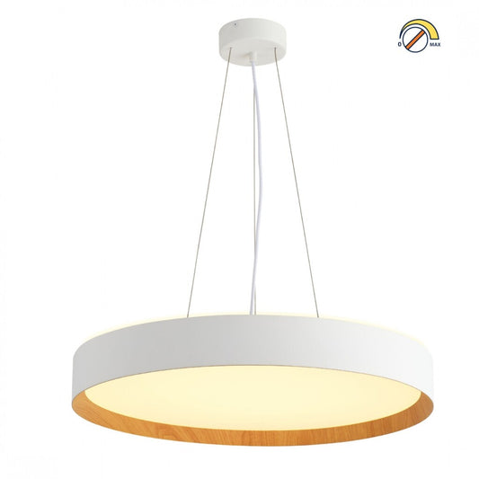 Luminaria led suspender blanca y madera 48W dimerizable, 50cm