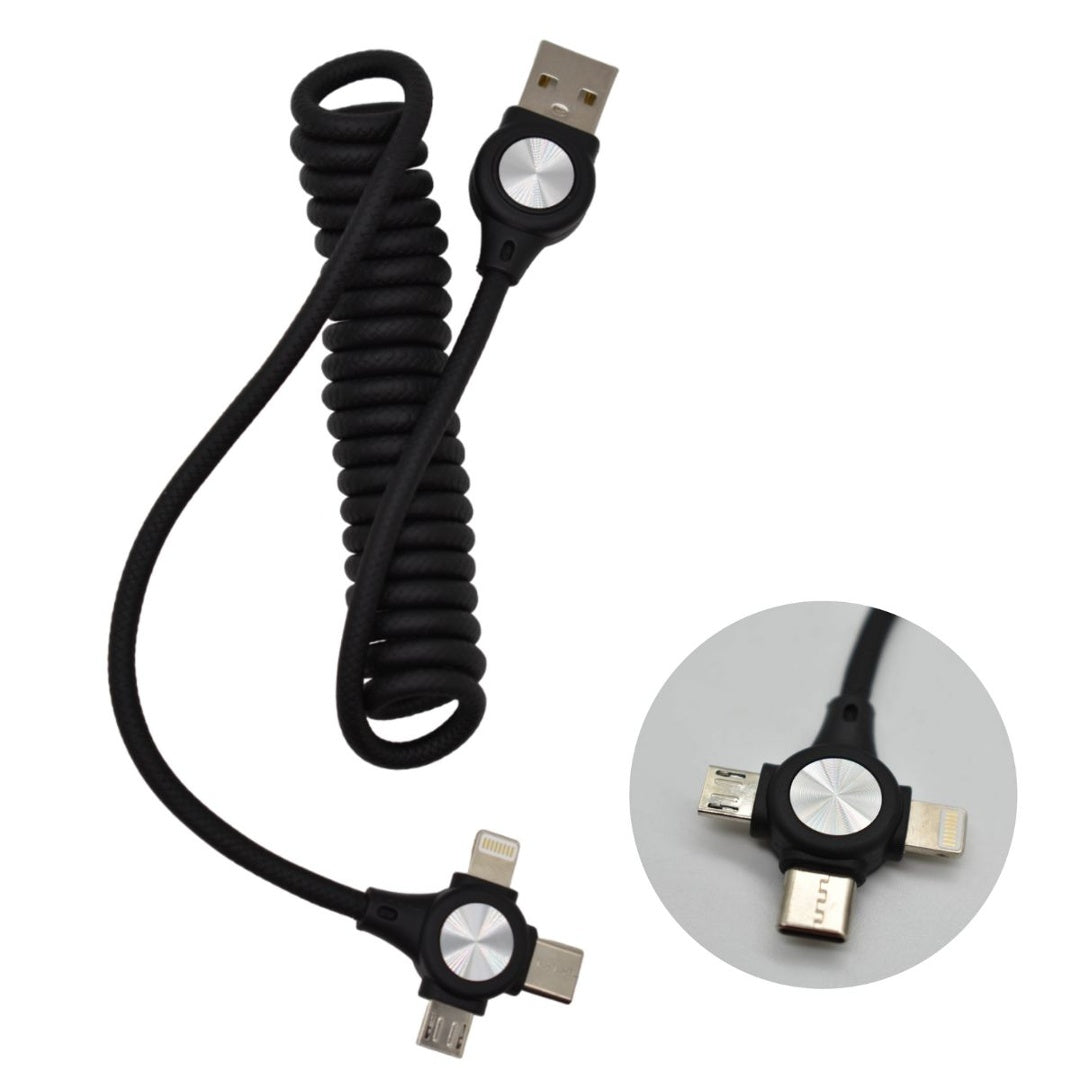 Cable cargador USB 3 en 1 resorte 120cm