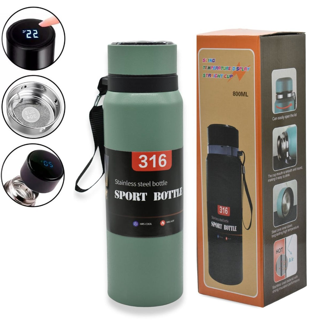 Botella térmica verde con medidor de temperatura 800ml