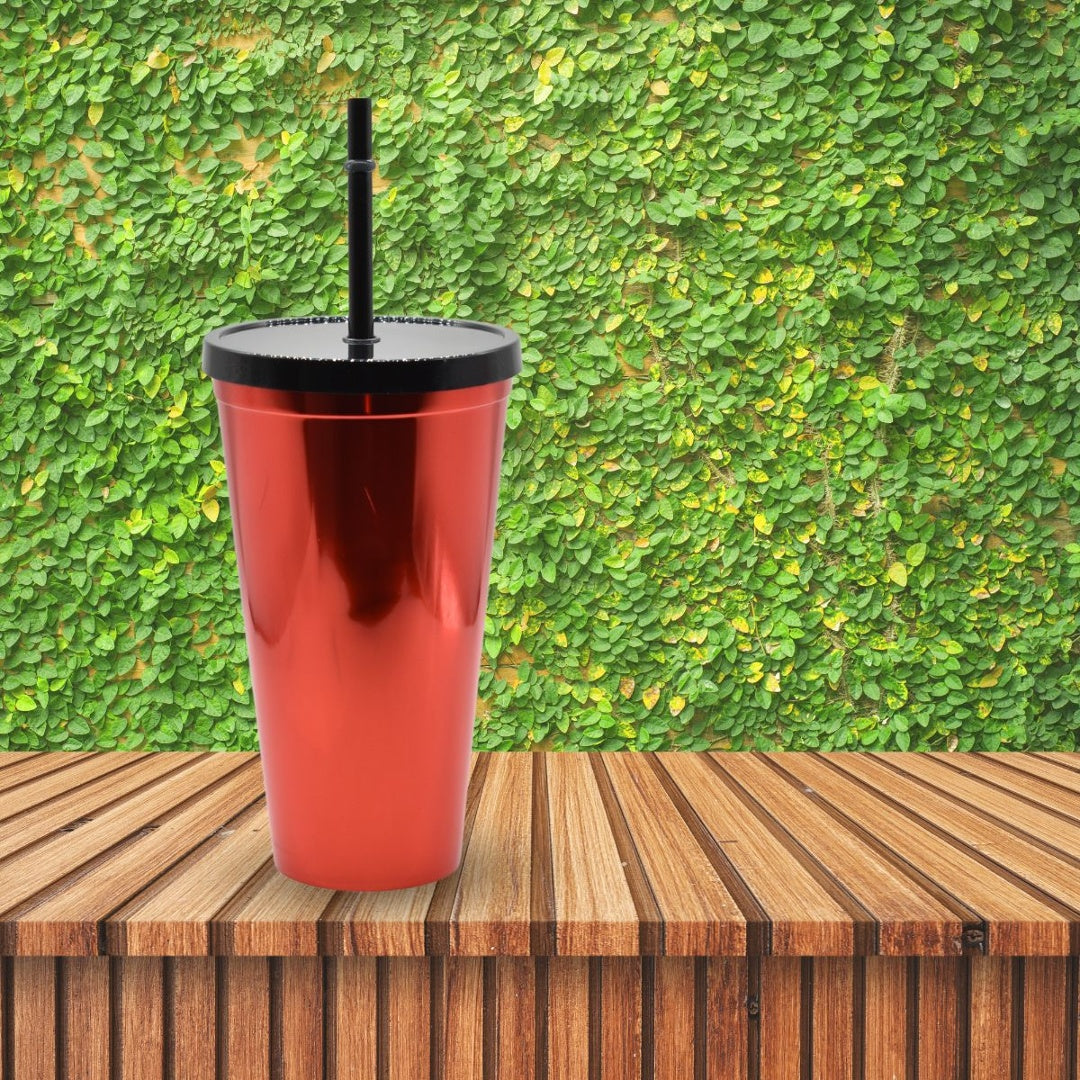 Vaso plástico metalizado rojo con sorbito 600ml