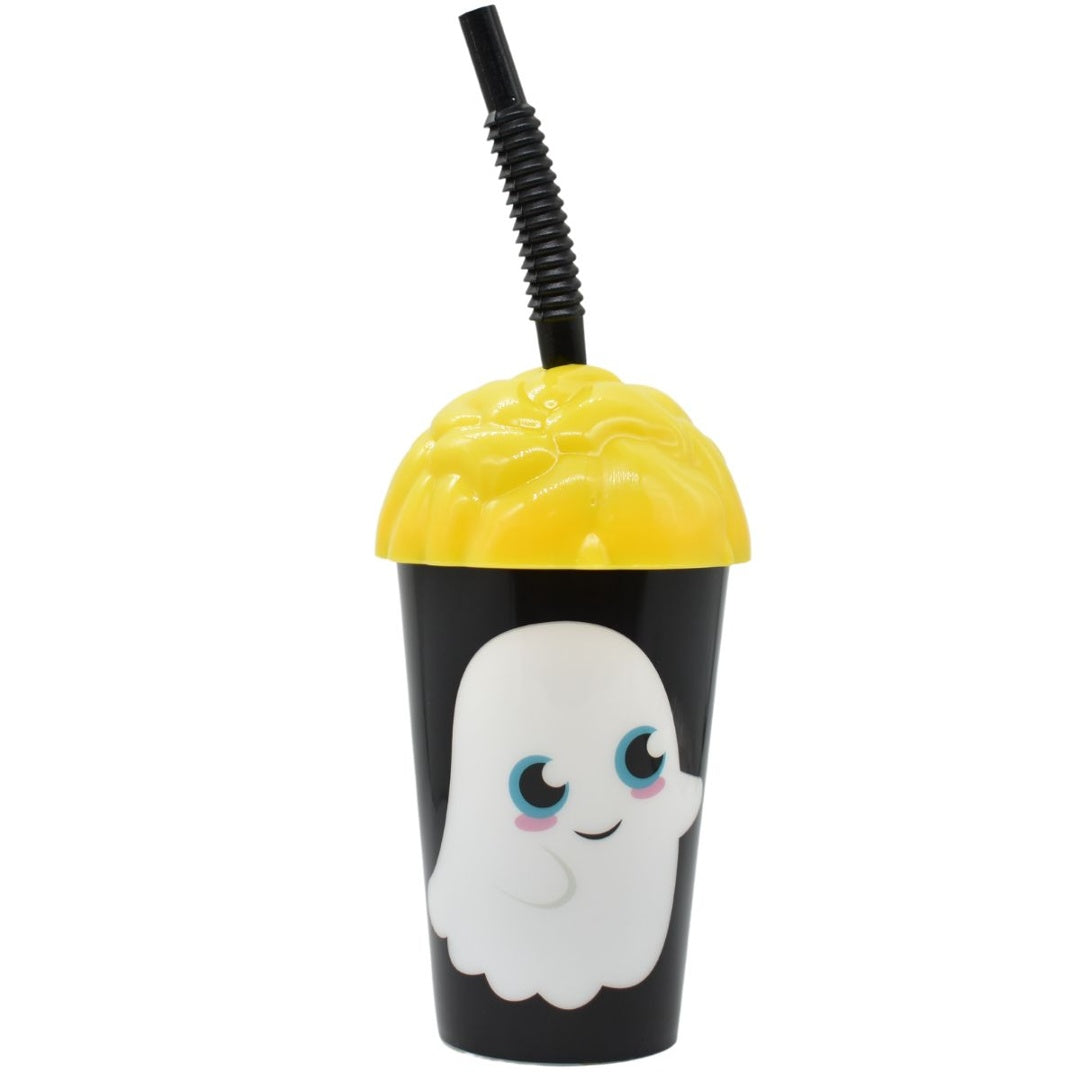 Vaso plástico con sorbito Halloween amarillo 350ml