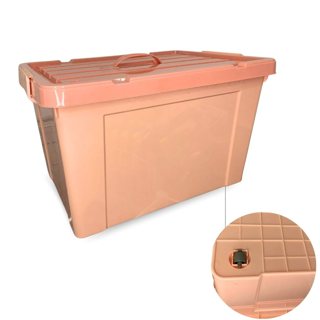 Caja plástica rosa apilable con ruedas 80Lts