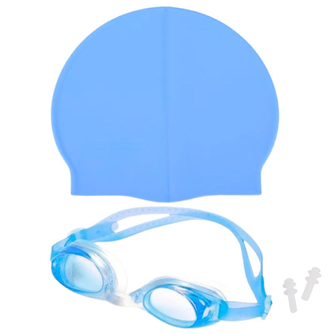 Lentes de natación con gorra de silicona. Celeste