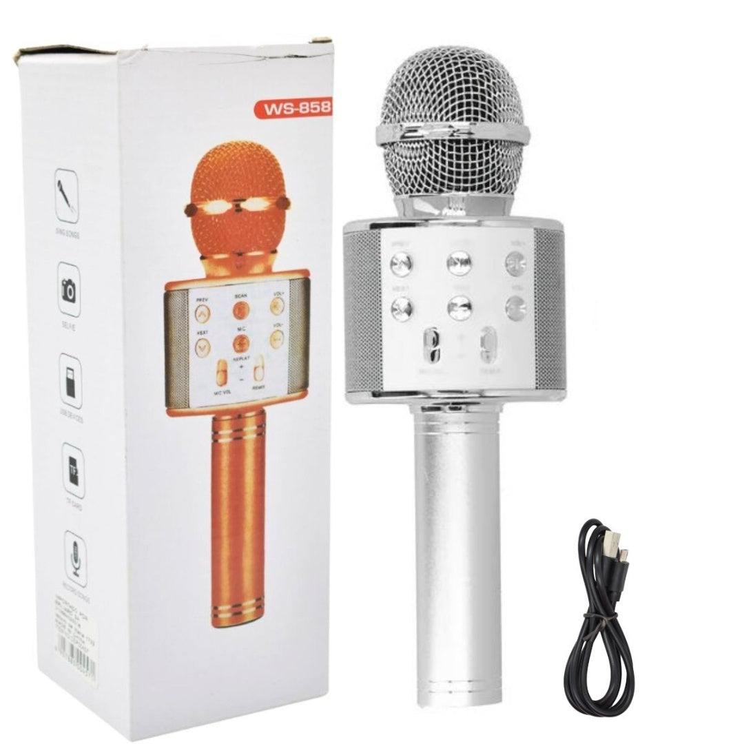 Micrófono parlante karaoke bluetooth 22x7cm. Plateado