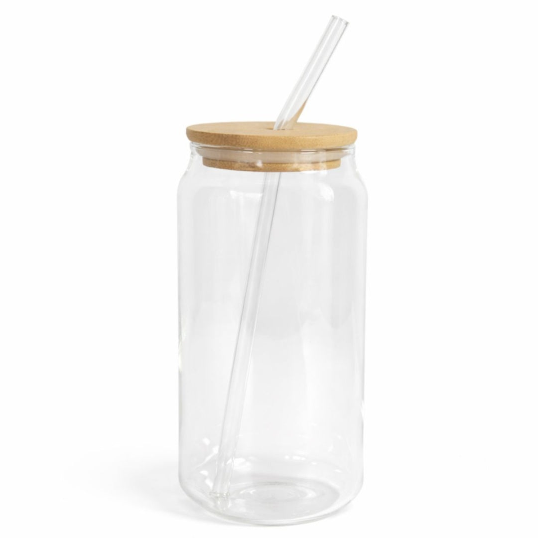 Vaso de vidrio con tapa de madera y sorbito
