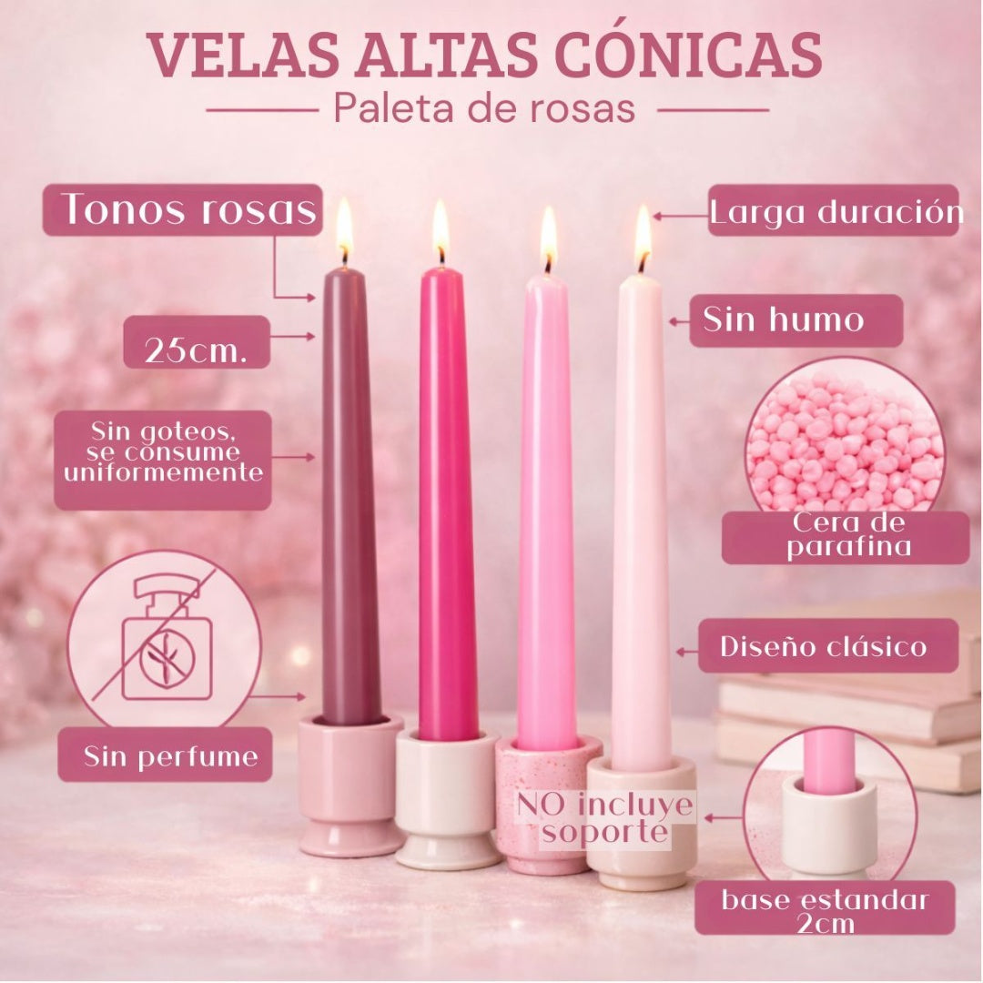 Velas cónicas de cera rosa x4 unidades