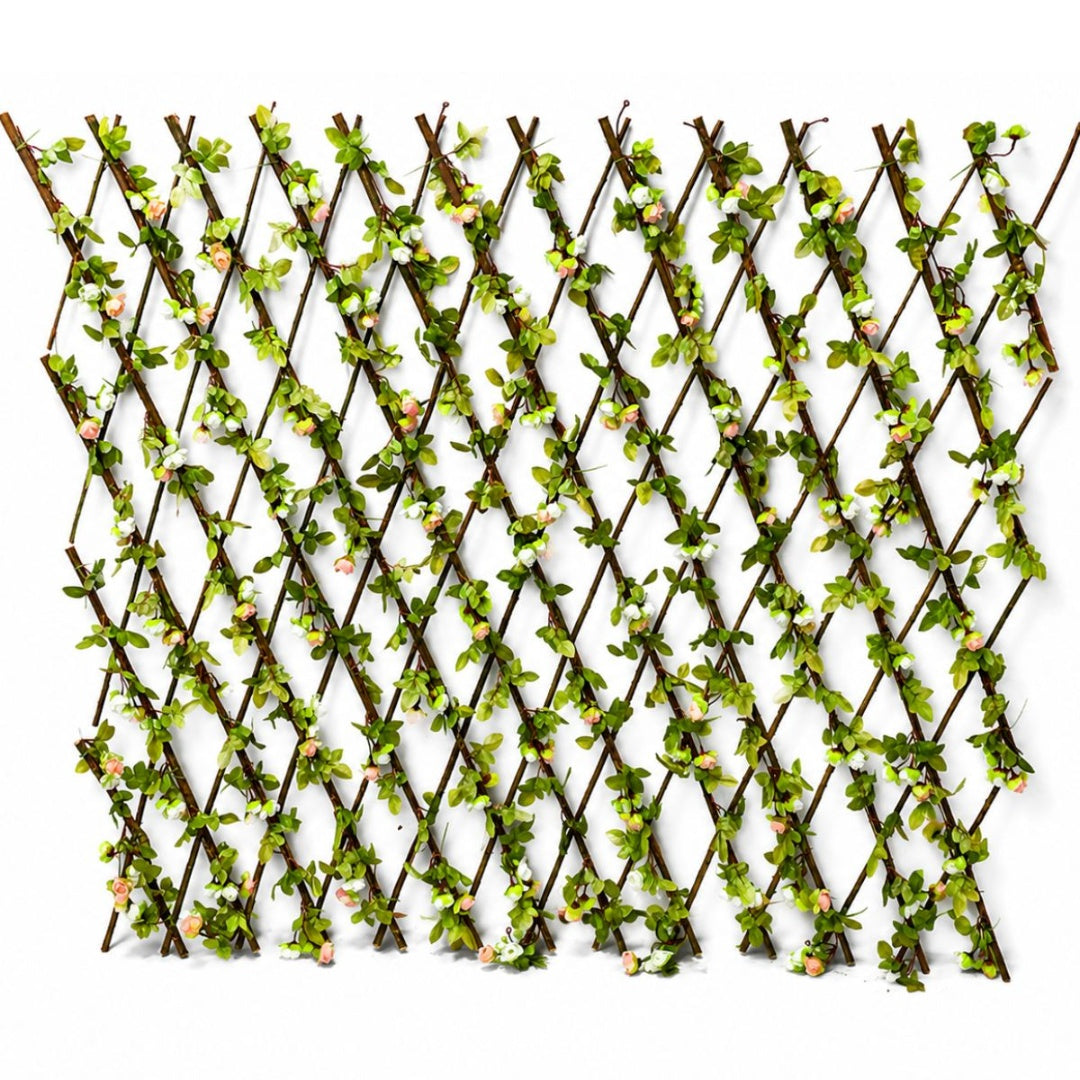 Cerco de madera natural extensible con flores artificiales 3mts