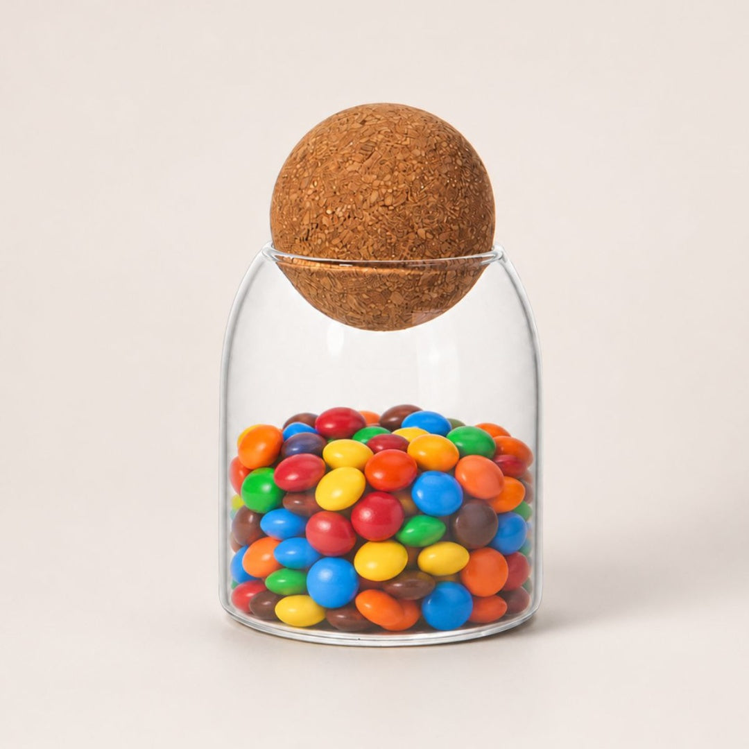 Frasco recipiente de vidrio con tapa esférica 14x9cm