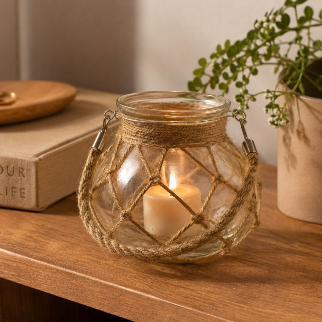 Jarrón decorativo de vidrio con tejido natural 12cm