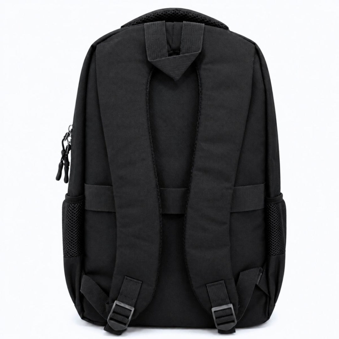 Mochila negra con múltiples compartimentos