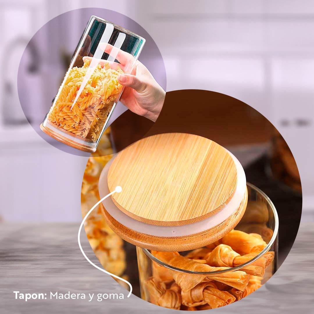 FRASCO DE VIDRIO TAPA MADERA 3PZ 8X16CM LH-3103