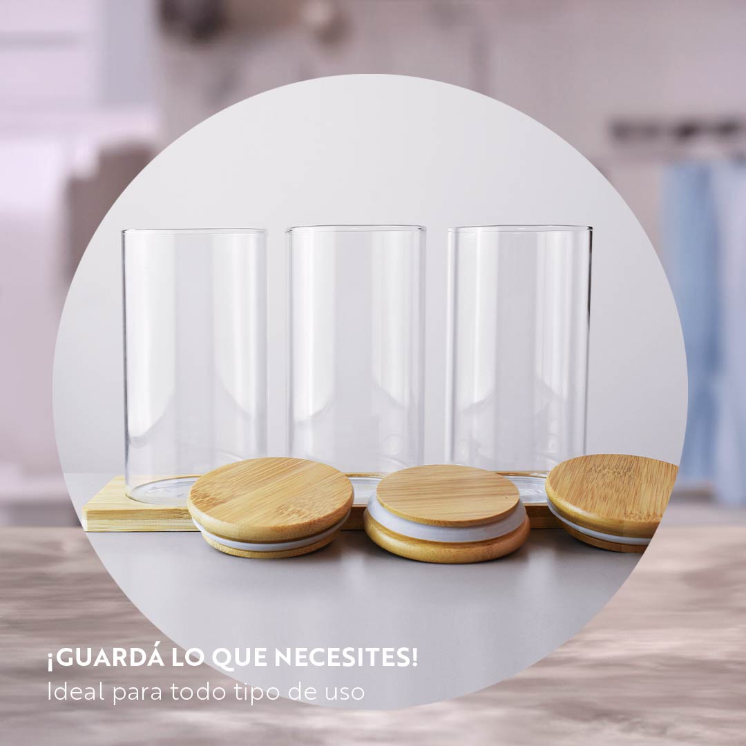 FRASCO DE VIDRIO TAPA MADERA 3PZ 8X16CM LH-3103