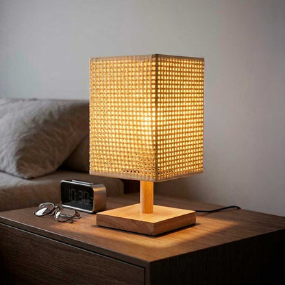 LAMPARA D/MESA RATAN CUADRADA B/MADERA LH-5098