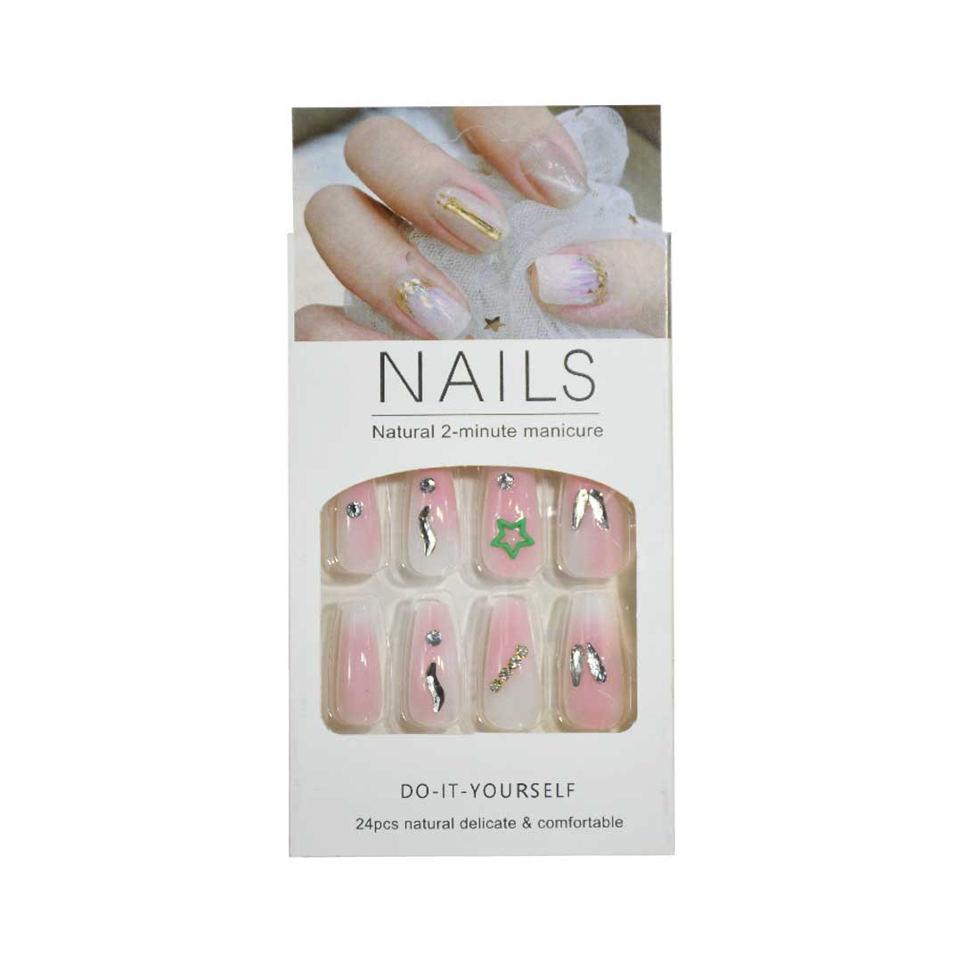 SET UÑAS ACRILICAS D/PLATEADOS NATURAL 12PZ LH5464