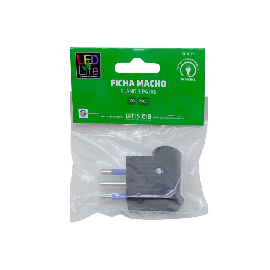 FICHA PLANO 10 AMP 3PATAS NEGRA LED LIFE SL1037