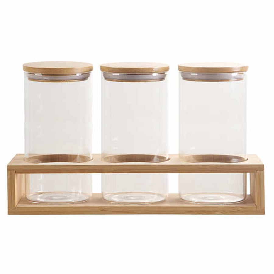FRASCO DE VIDRIO TAPA MADERA 3PZ 8X20CM  LH-3104