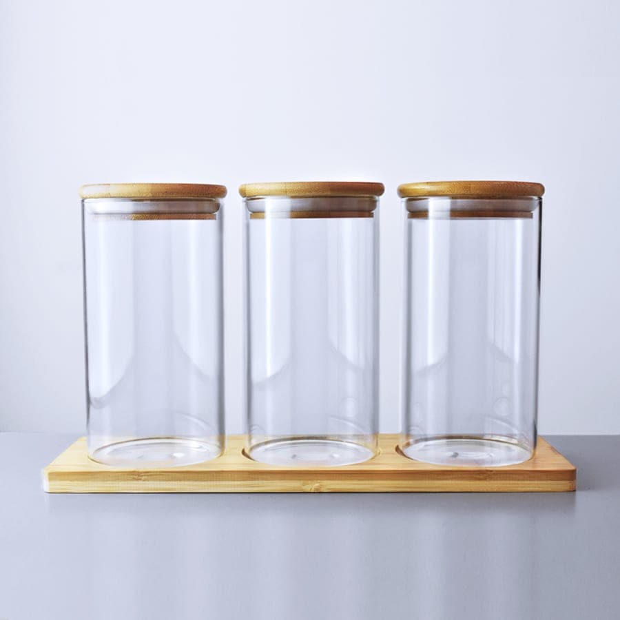 FRASCO DE VIDRIO TAPA MADERA 3PZ 8X16CM LH-3103