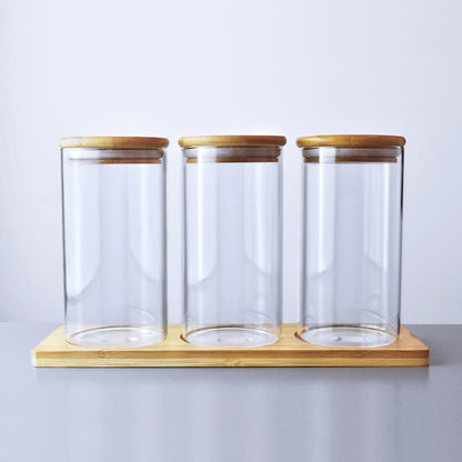 FRASCO DE VIDRIO TAPA MADERA 3PZ 8X16CM LH-3103