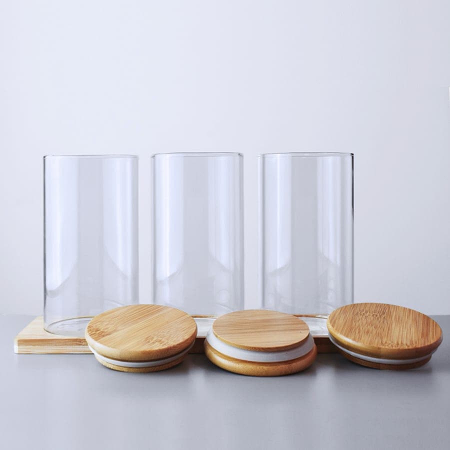 FRASCO DE VIDRIO TAPA MADERA 3PZ 8X16CM LH-3103