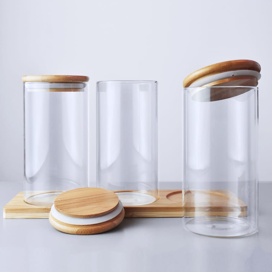 FRASCO DE VIDRIO TAPA MADERA 3PZ 8X16CM LH-3103