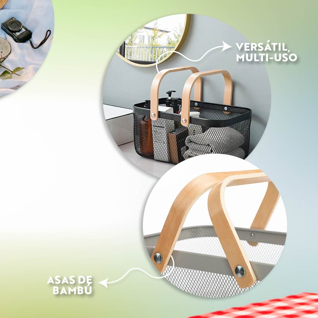 CANASTA METALICA ASAS DE BAMBU 37X22X17CM LH-3669