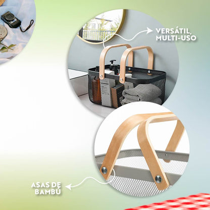 CANASTA METALICA ASAS DE BAMBU 37X22X17CM LH-3669