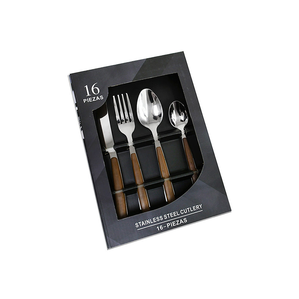 CUBIERTOS 16PZ EN CAJA MANGO MARRON LH-3750