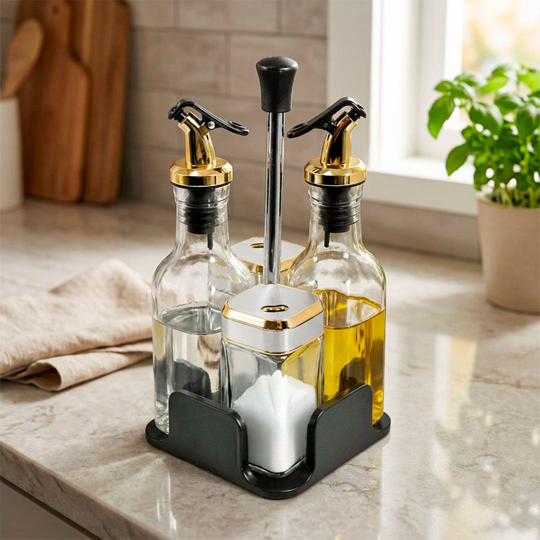 CONDIMENTERO DISPENSADOR 4PZ SOPORTE DORADO LH4204