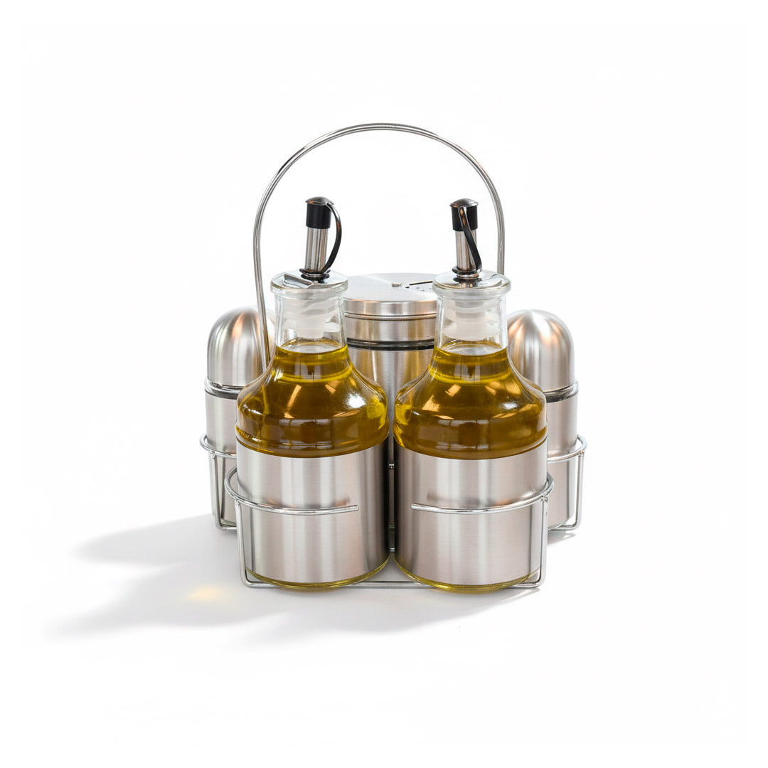 CONDIMENTERO DISPENSADOR 5PZ PLATEADO TW-110046