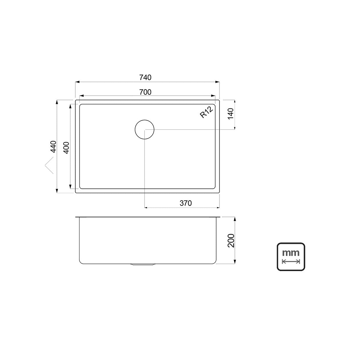 Cubeta en acero inoxiable 70 x 40 x 20cm
