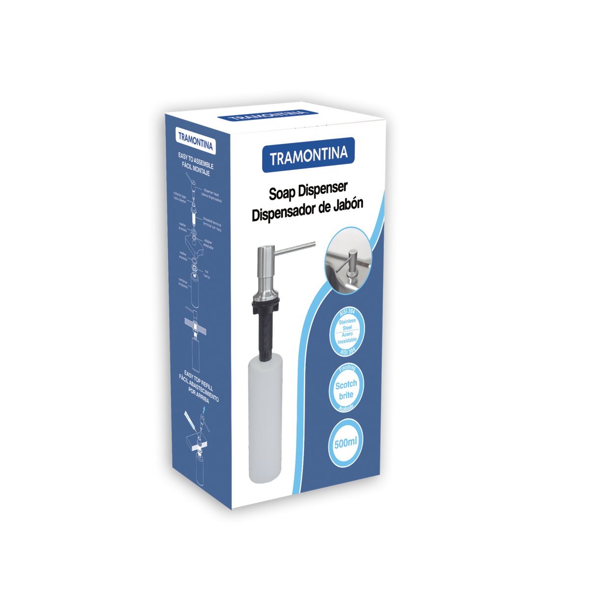 Dispensador de jabón Tramontina de acero inoxidable con recipiente plástico 500 ml