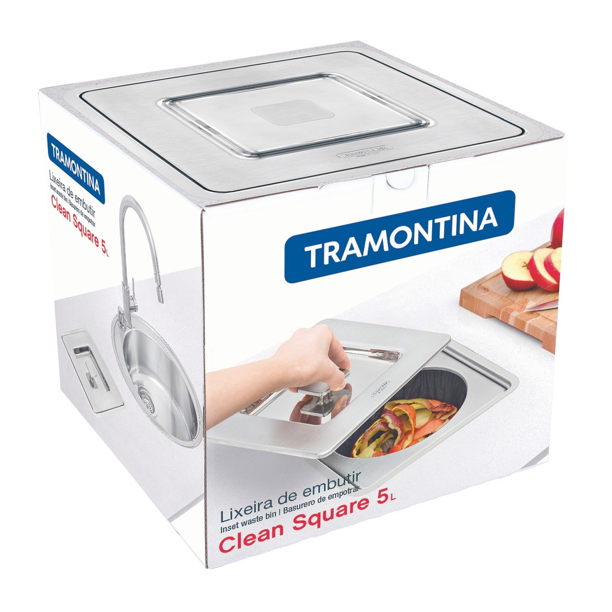 Basurero de empotrar Tramontina Clean Square en acero inoxidable con balde plástico de 5 L