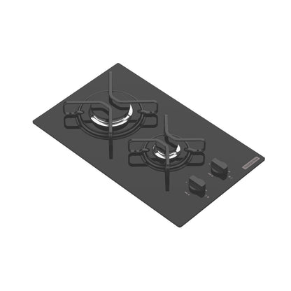 Cooktop a gas Tramontina de vidrio templado negro y rejillas de acero al carbono, con encendido automático y 2 quemadores