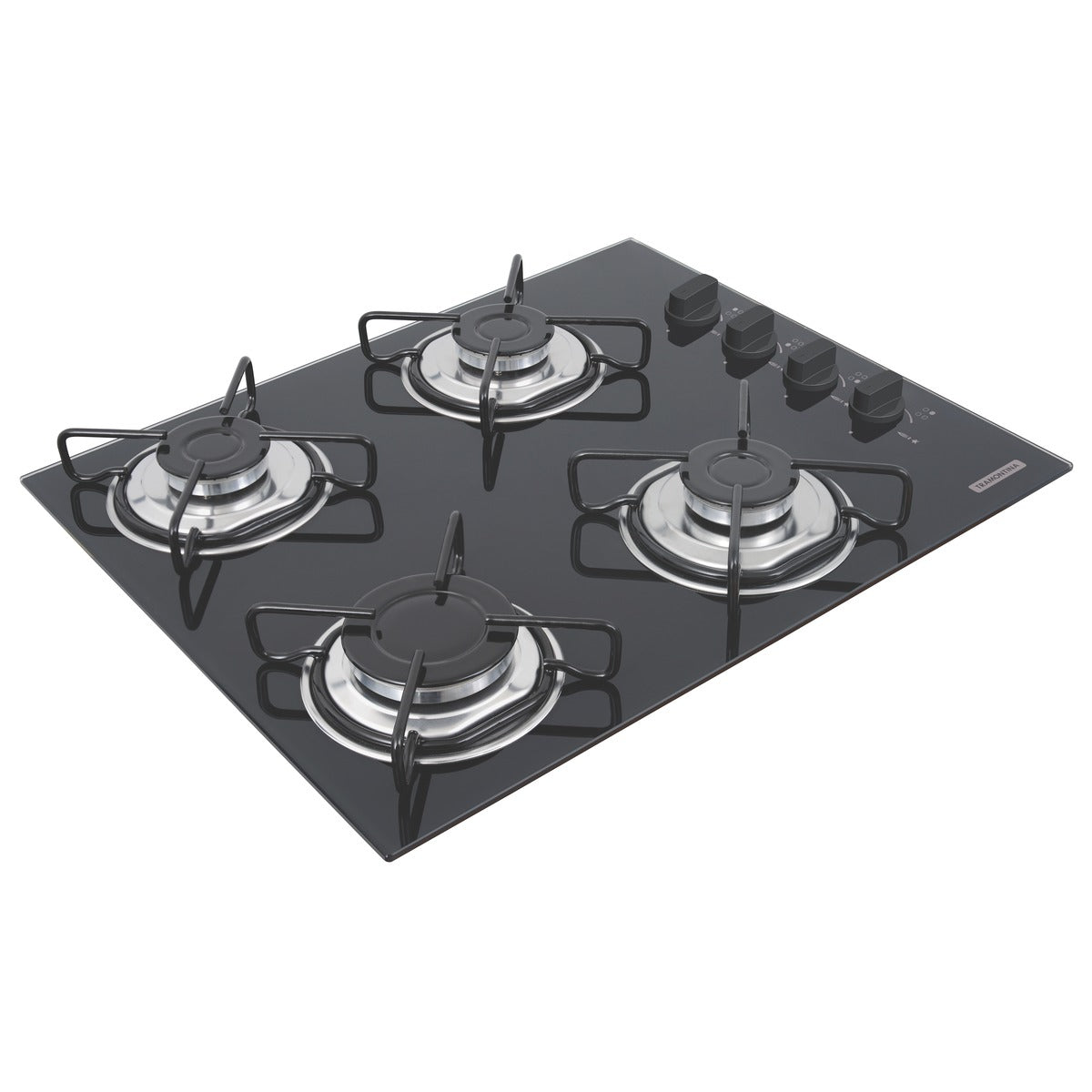 Cooktop a gas Tramontina de vidrio templado negro y rejillas de acero al carbono, con encendido automático y 4 quemadores