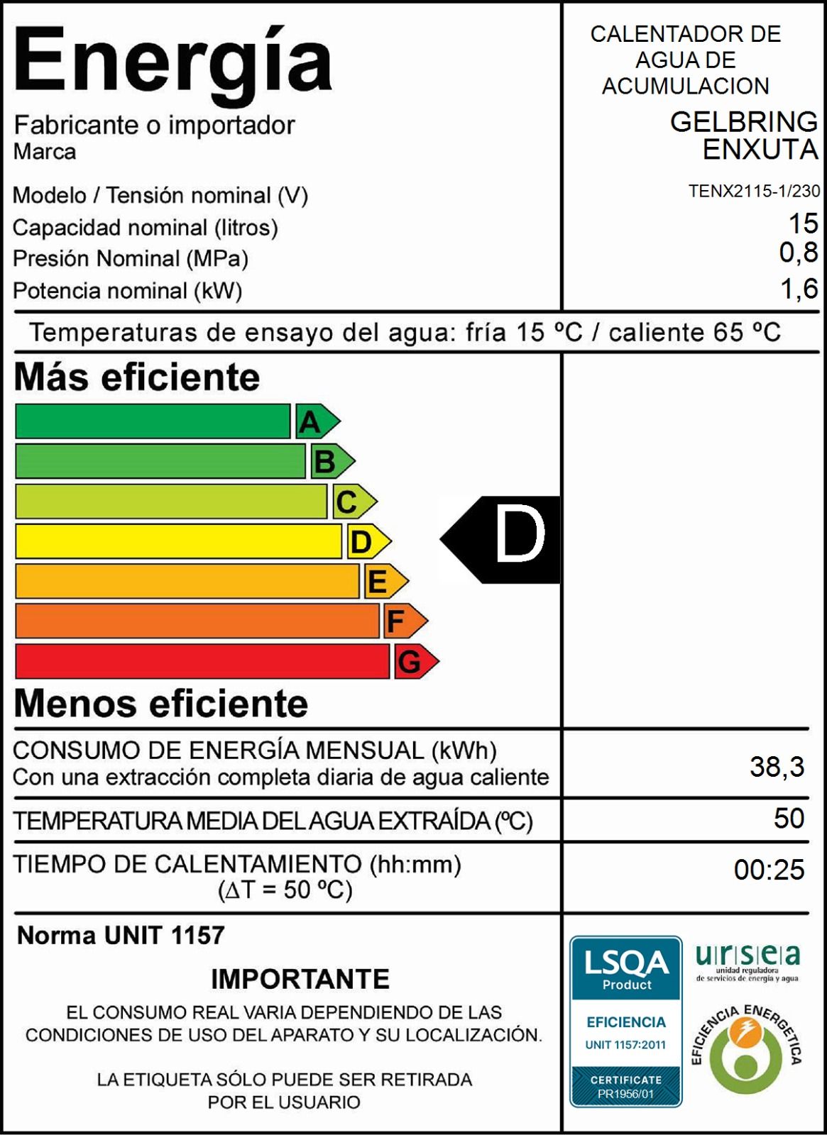 Termotanque de acero – TENX2115-1 – Enxuta