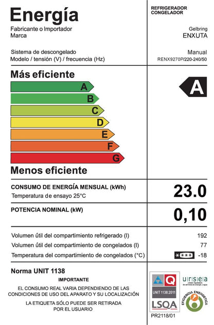 Refrigerador Combi Frío Húmedo – Panelable – RENX9270P – Enxuta