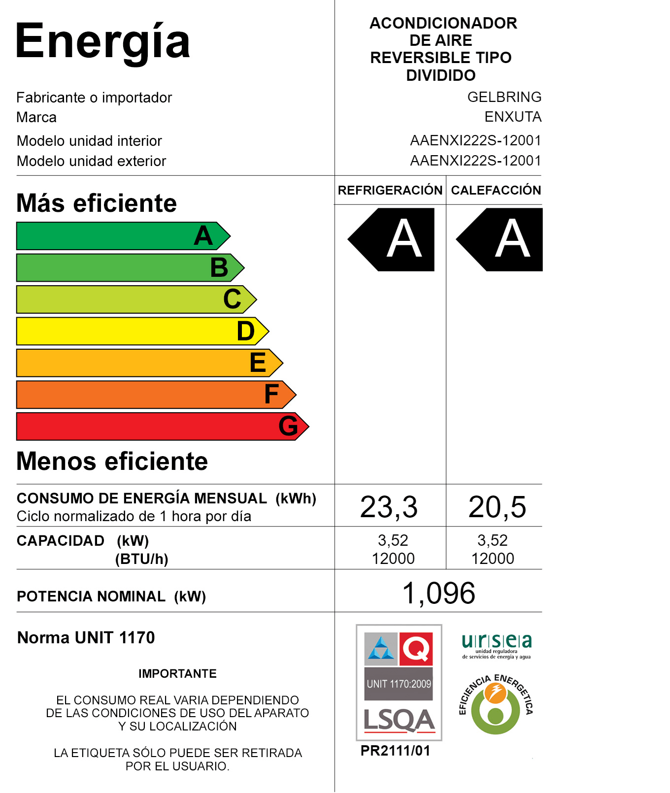 Aire Acondicionado Inverter SMART 12000 BTU – Enxuta – AAENXI222S – 12002
