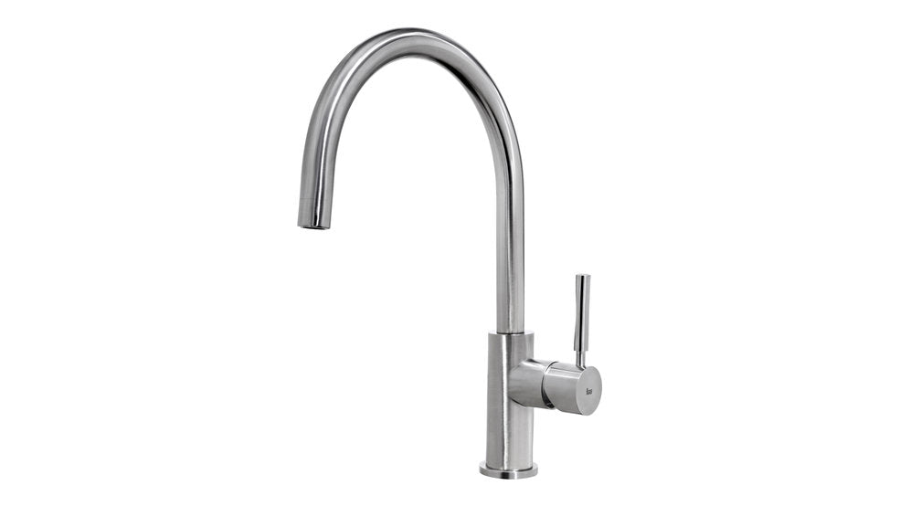 Grifo de cocina monomando con caño alto giratorio en acero inoxidable
