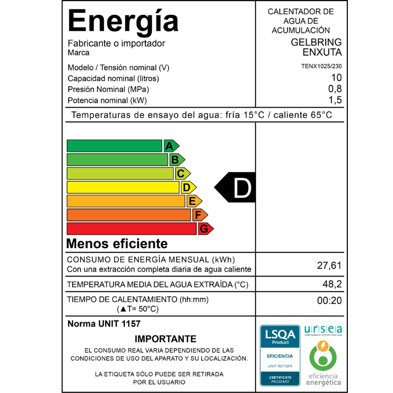 Termotanque de acero – TENX1010 – Enxuta