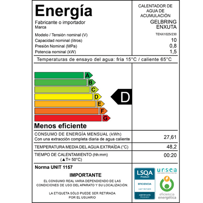 Termotanque de acero – TENX1010 – Enxuta