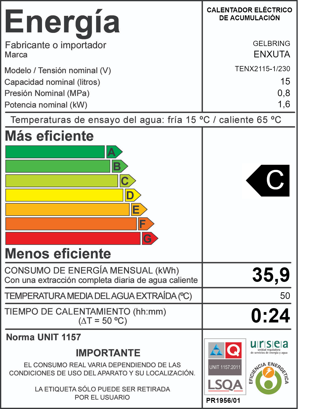 Termotanque de acero – TENX2115-1 – Enxuta